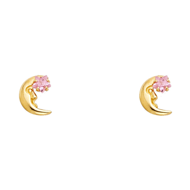 14K Gold CZ Moon and Star Stud Earrings