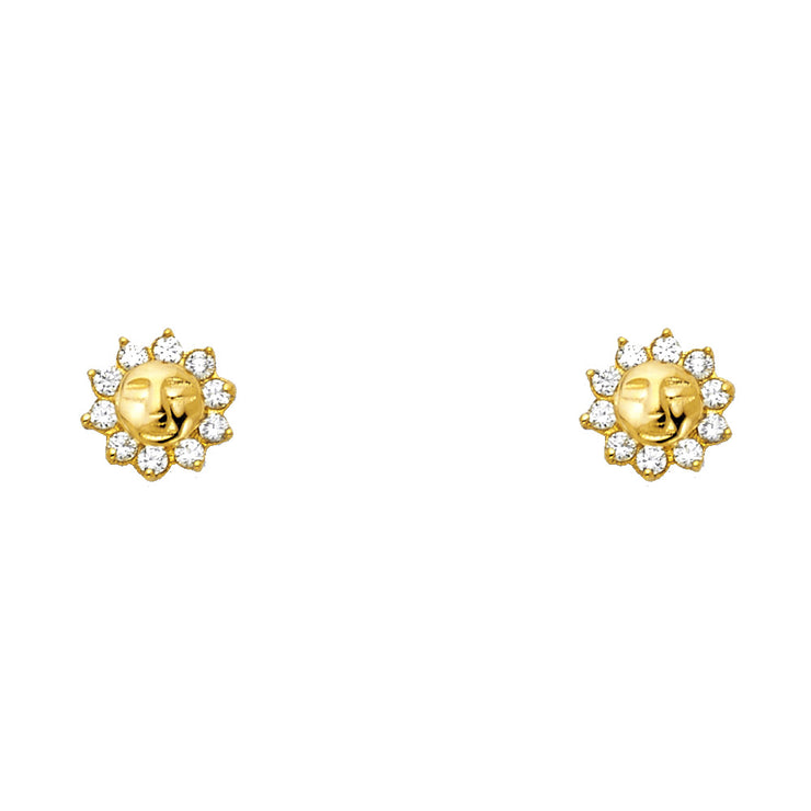 14K Gold CZ Sun Stud Earrings