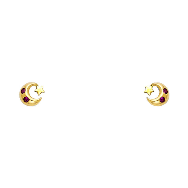 14K Gold CZ Moon and Star Stud Earrings