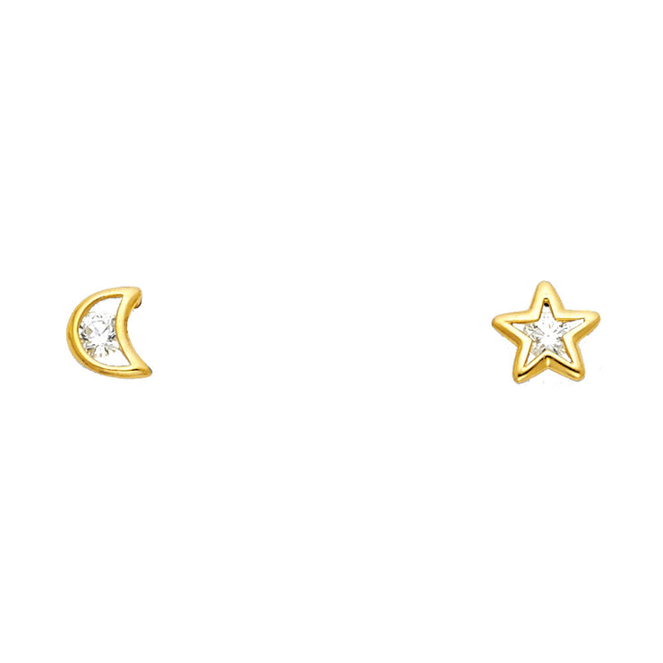 14K Gold CZ Moon and Star Stud Earrings