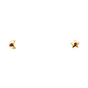 14K Gold CZ Moon and Star Stud Earrings