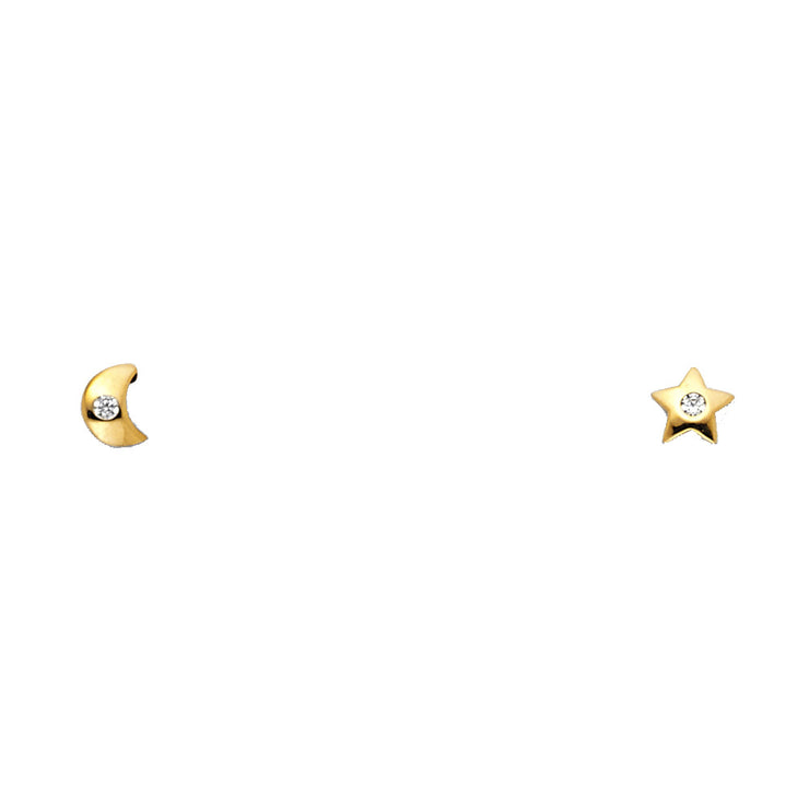 14K Gold CZ Moon and Star Stud Earrings