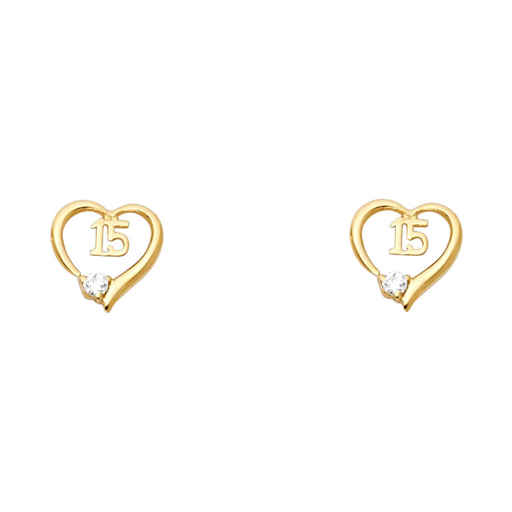 14K Gold CZ Heart Quinceanera Stud Earrings gift for her/girl