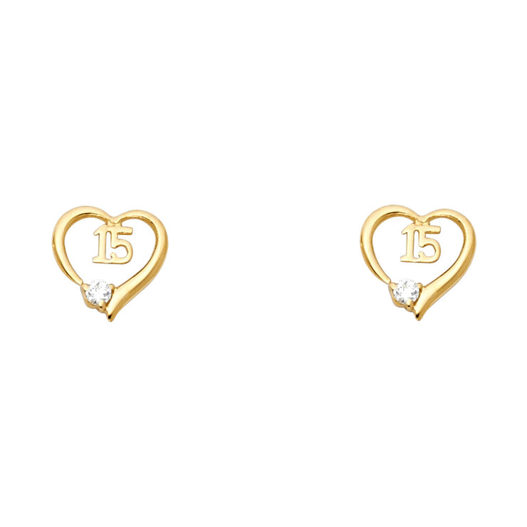 14K Gold CZ Heart Quinceanera Stud Earrings gift for her/girl