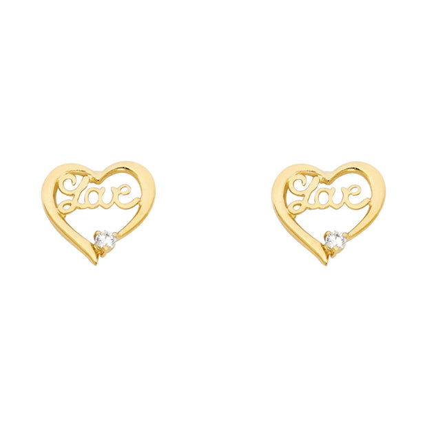 14K Gold CZ Love Heart Stud Earrings