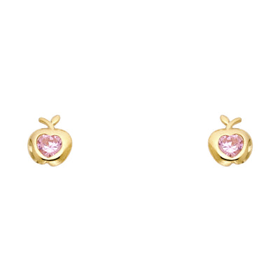 14K Gold CZ Apple Fruit Stud Earrings