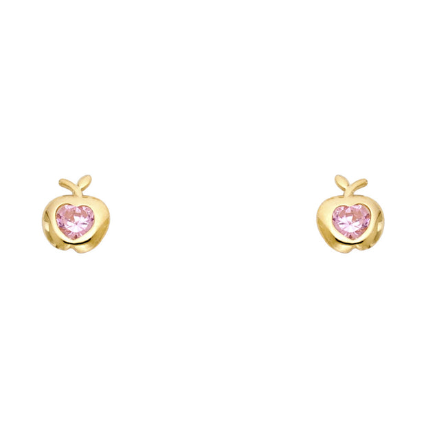 14K Gold CZ Apple Fruit Stud Earrings