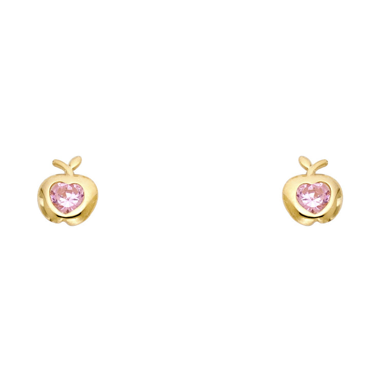 14K Gold CZ Apple Fruit Stud Earrings