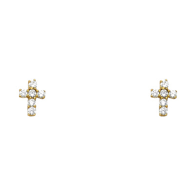 14K Gold CZ Jesus Christ Cross Stud Earrings