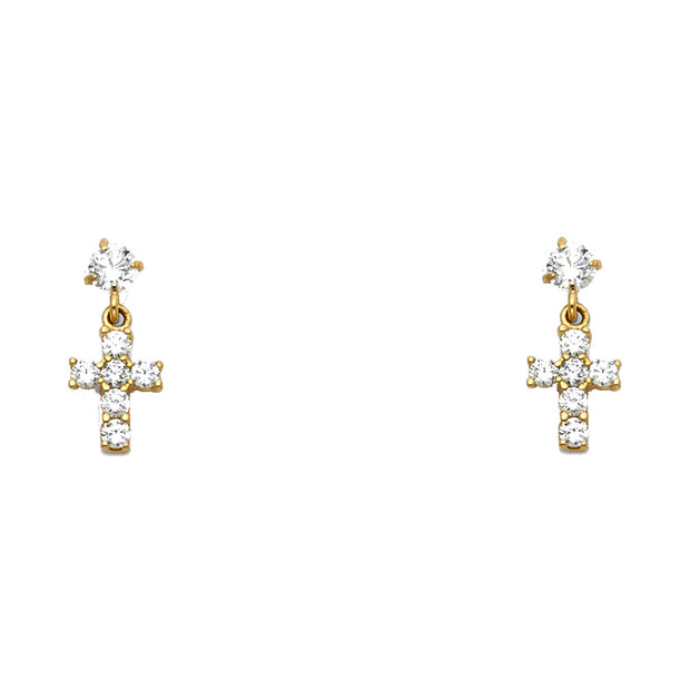 14K Gold CZ Jesus Christ Cross Stud Earrings