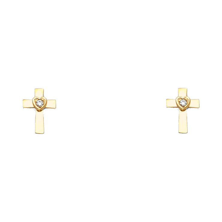 14K Gold CZ Jesus Christ Cross Stud Earrings