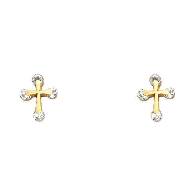 14K Gold CZ Jesus Christ Cross Stud Earrings