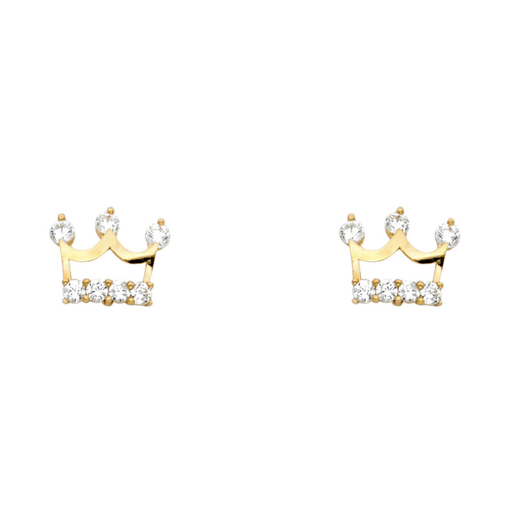 14K Gold CZ Crown or Tiara Stud Earrings