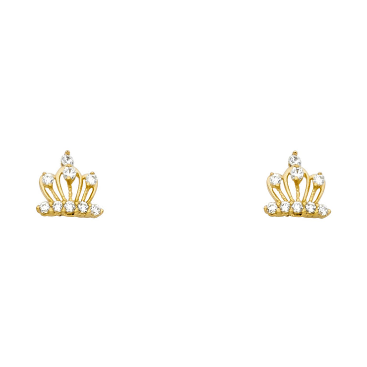 14K Gold CZ Crown or Tiara Stud Earrings