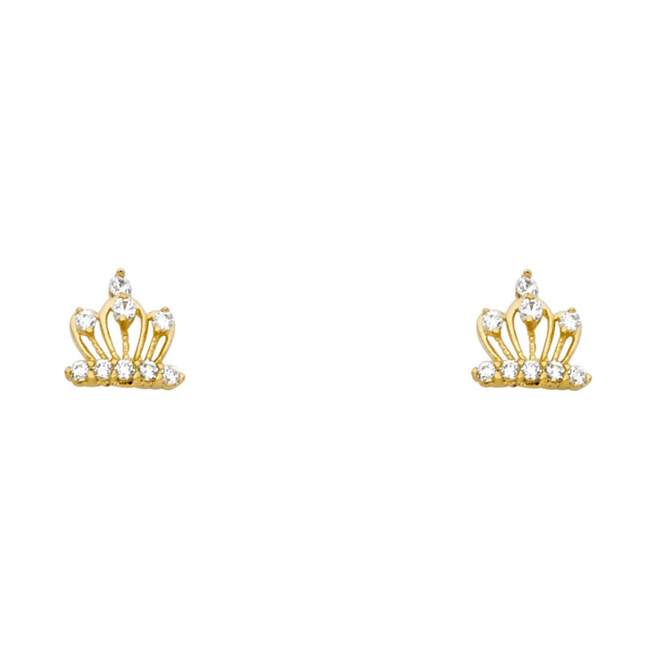 14K Gold CZ Crown or Tiara Stud Earrings