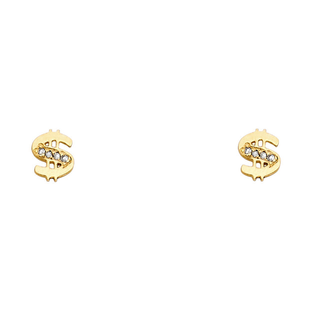 14K Gold CZ Dollor $ Stud Earrings