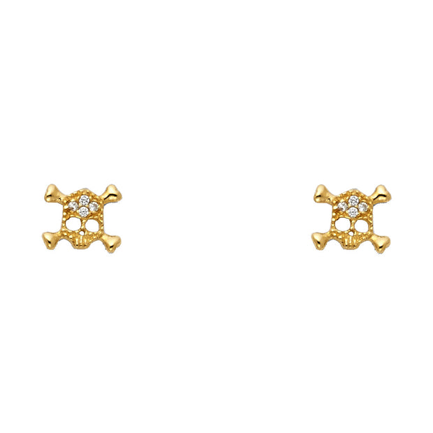 14K Gold CZ Punk Rock Skull Skeleton Stud Earrings