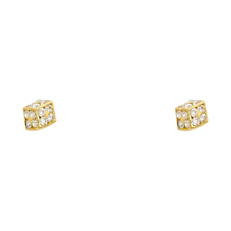 14K Gold CZ Cube Dice Stud Earrings