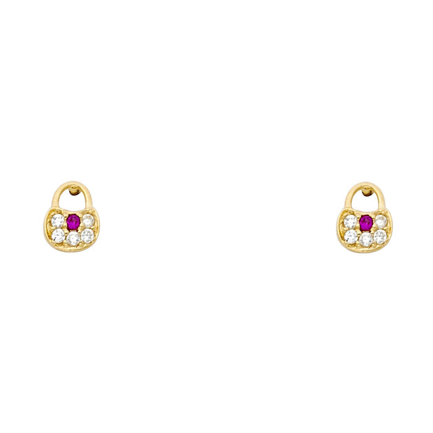 14K Gold CZ Lock Stud Earrings