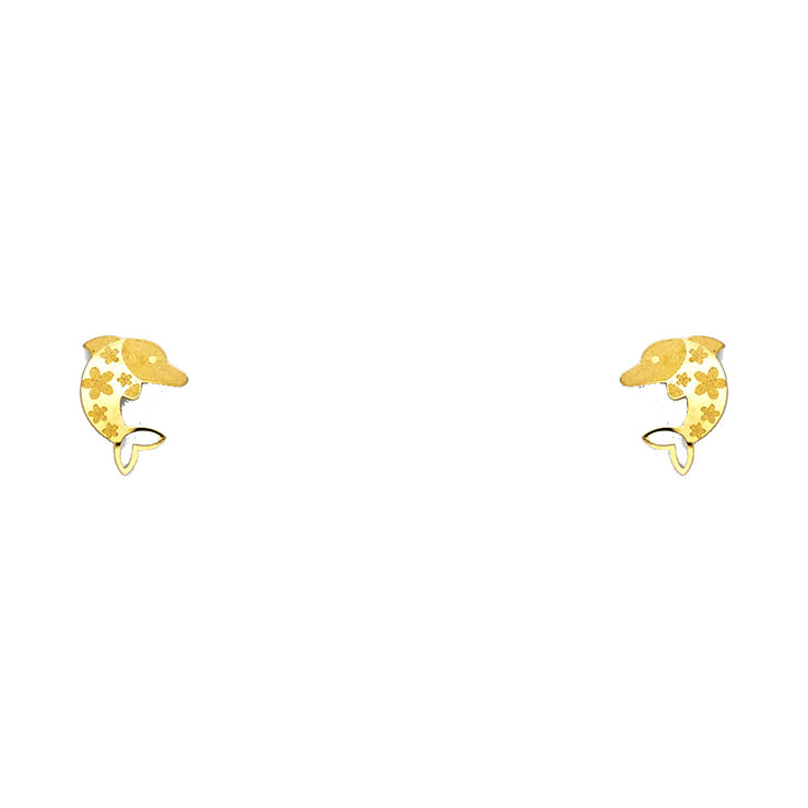 14K Gold Flower Pattern Dolphin Stud Earrings