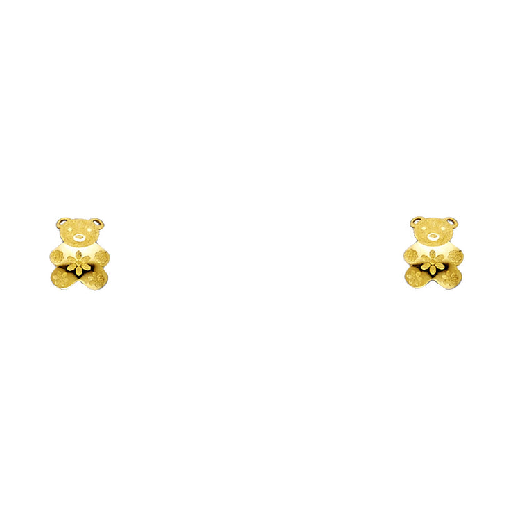 14K Gold Flower Teddy Bear Stud Earrings