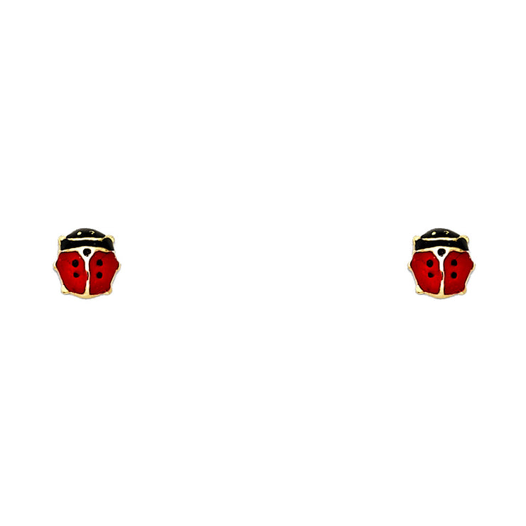 14K Gold Enamel Lady Bug Stud Earrings