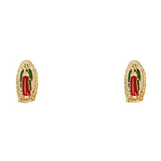 14K Gold Enamel Religious Guadalupe Stud Earrings