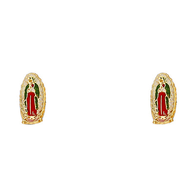 14K Gold Enamel Religious Guadalupe Stud Earrings
