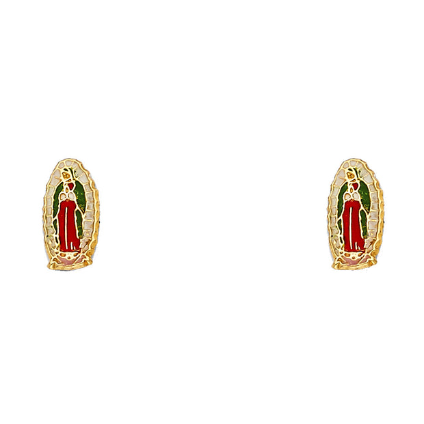 14K Gold Enamel Religious Guadalupe Stud Earrings