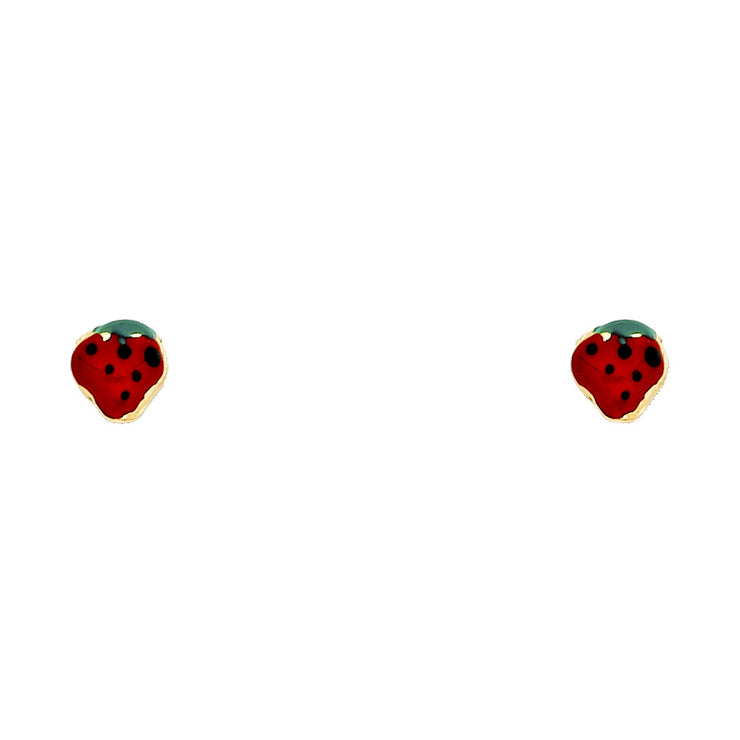14K Gold Enamel Strawberry Stud Earrings