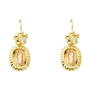 14K Gold Guadalupe and Flower Hanging Earrings