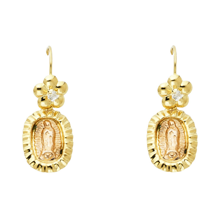 14K Gold Guadalupe and Flower Hanging Earrings