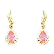 14K Gold CZ Leaf Pear Drop Hanging Earrings