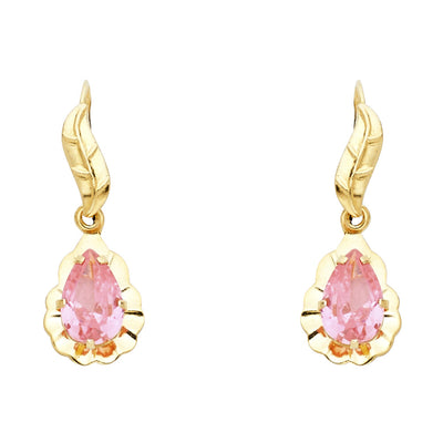 14K Gold CZ Leaf Pear Drop Hanging Earrings