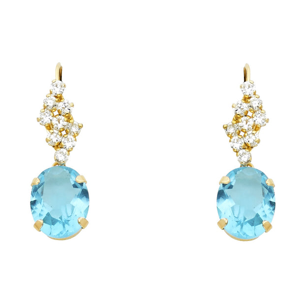 14K Gold CZ Oval Drop Hanging Earrings