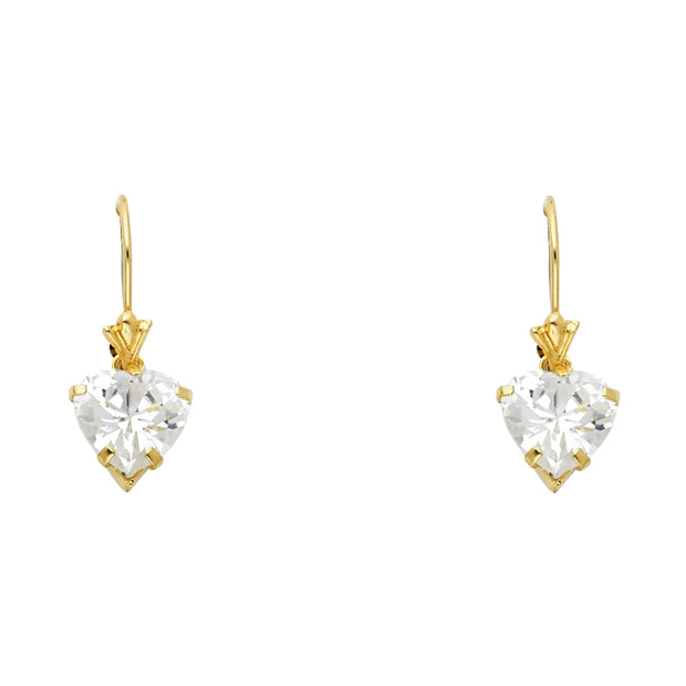 14K Gold CZ Heart Hanging Earrings