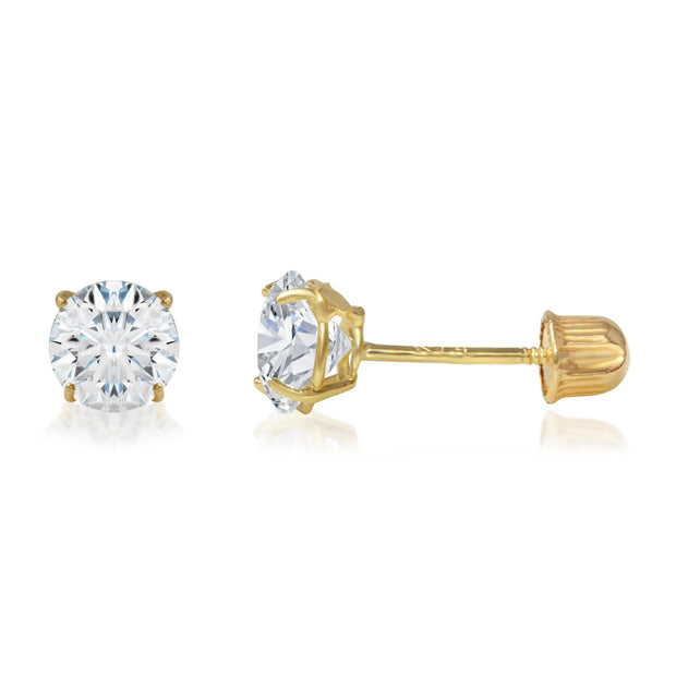 14K Gold Round Solitaire Cubic Zirconia CZ Stud Screw Back Earrings