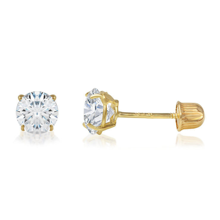 14K Gold Round Solitaire Cubic Zirconia CZ Stud Screw Back Earrings