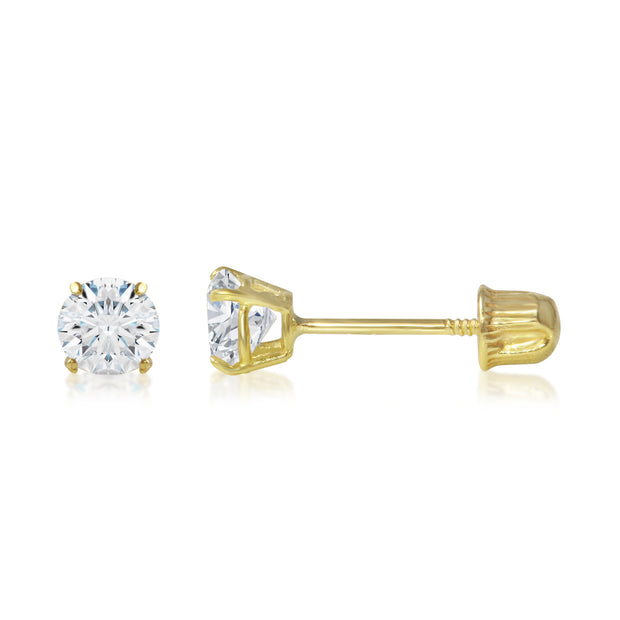 14K Gold Round Solitaire Cubic Zirconia CZ Stud Screw Back Earrings