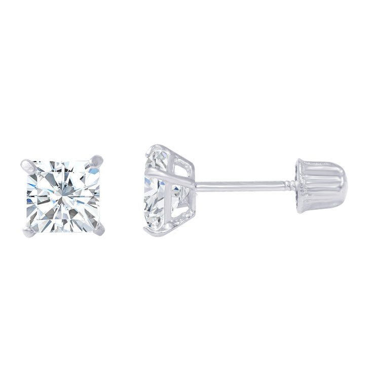 14K Gold Square Solitaire Princess Cut Cubic Zirconia CZ Stud Screw Back Earrings