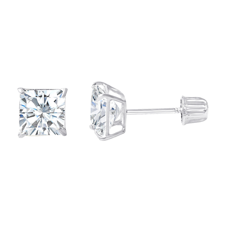 14K Gold Square Solitaire Princess Cut Cubic Zirconia CZ Stud Screw Back Earrings