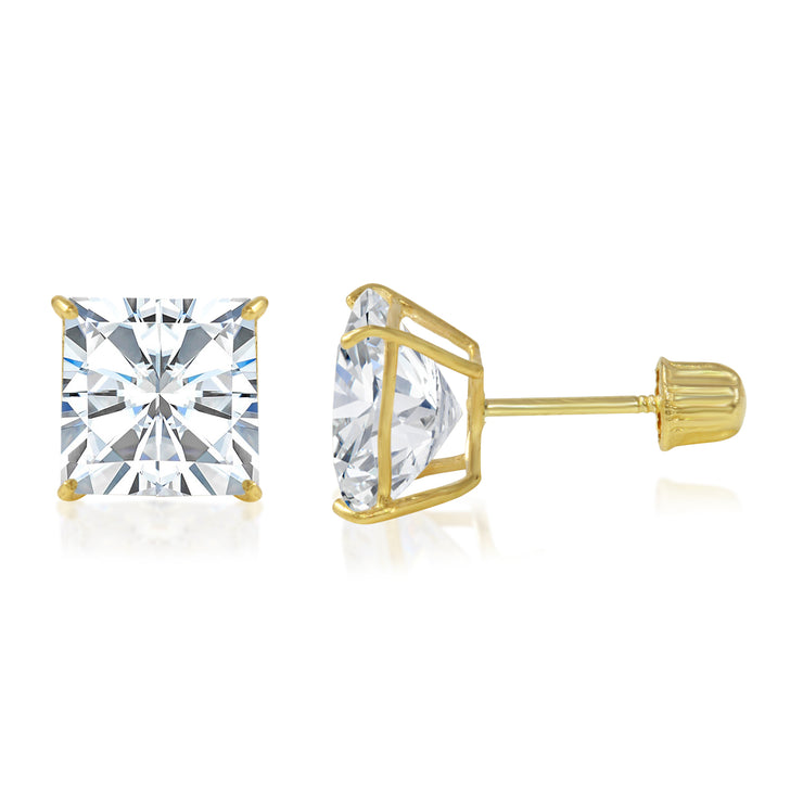 14K Gold Square Solitaire Princess Cut Cubic Zirconia CZ Stud Screw Back Earrings