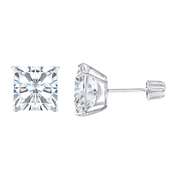 14K Gold Square Solitaire Princess Cut Cubic Zirconia CZ Stud Screw Back Earrings