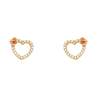 14K Gold CZ Heart with Flower Stud Earrings
