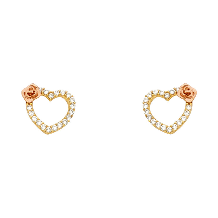 14K Gold CZ Heart with Flower Stud Earrings