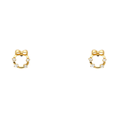 14K Gold CZ Cricle and Bow Stud Earrings