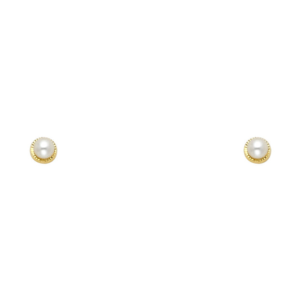 14K Gold Diamond Cut Round Pearl Stud Earrings (2.7mm)