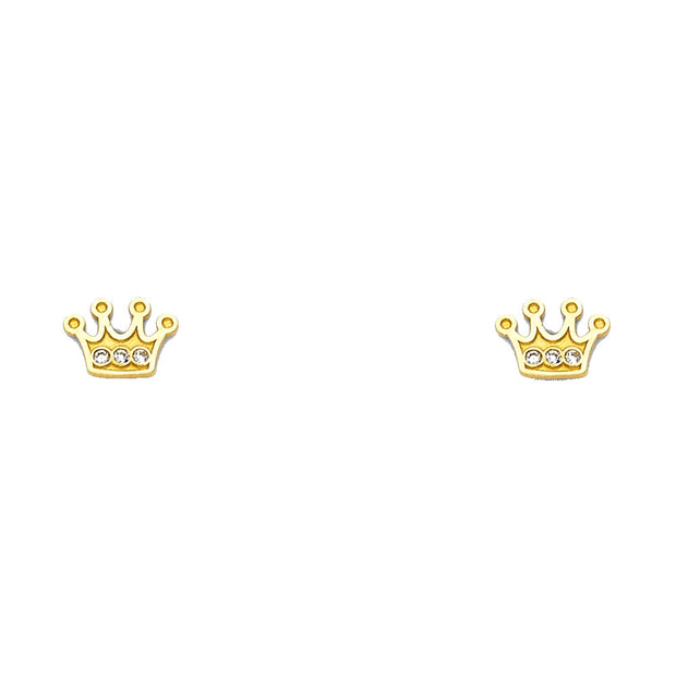 14K Gold CZ Princess Crown or Tiara Stud Earrings