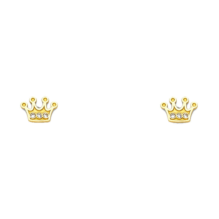 14K Gold CZ Princess Crown or Tiara Stud Earrings