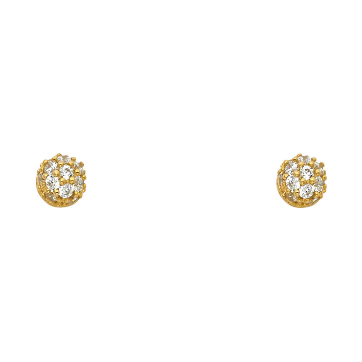 14K Gold CZ Round Crystal Ball Stud Earrings
